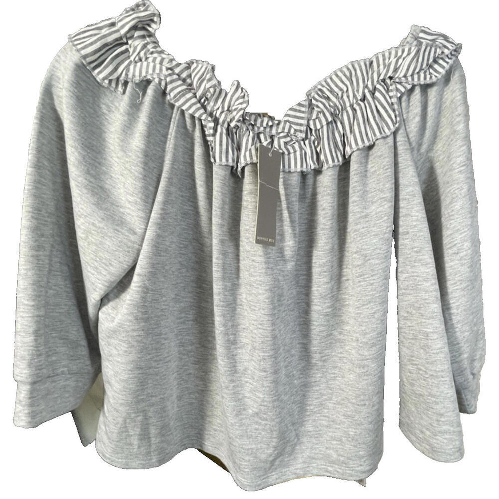 NWT Sophie Rue Women's Sweatshirt Gray Ruffle Off Shoulder Pullover Boho Sz L